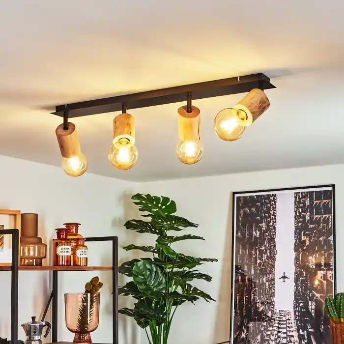 Vasanello Plafondlamp Hout licht, Zwart, 4-lichts Finale Uitverkoop