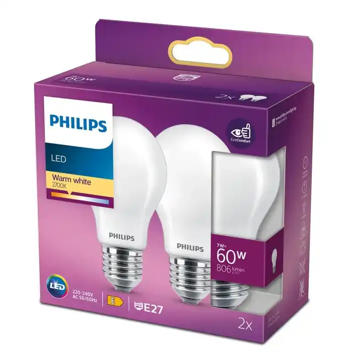Gratis Retour Philips 2x LED E27 7 Watt 2700 Kelvin 806 Lumen