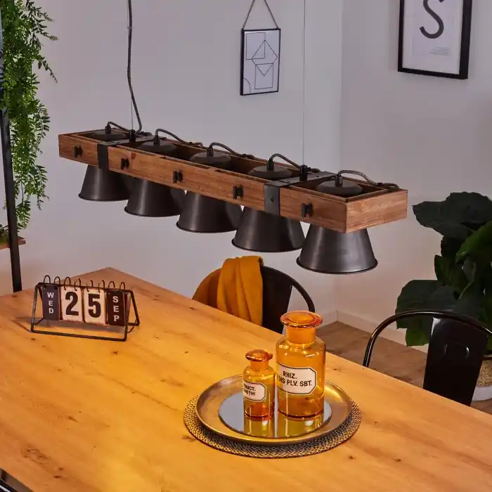 Aduard Hanglamp Hout donker, Zwart, 5-lichts Beperkt Aanbod