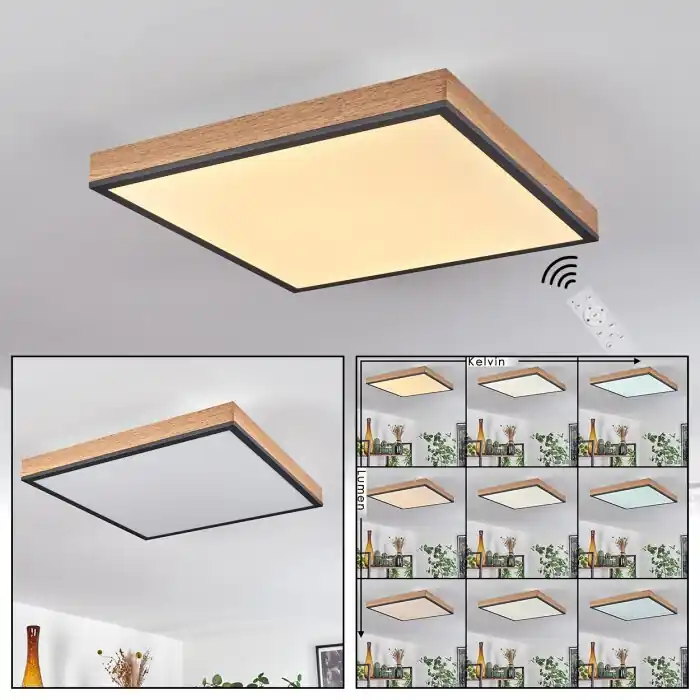 Salmi Plafondpaneel LED Bruin, houtlook, Zwart, 1-licht, Afstandsbediening Tijdelijk Beschikbaar