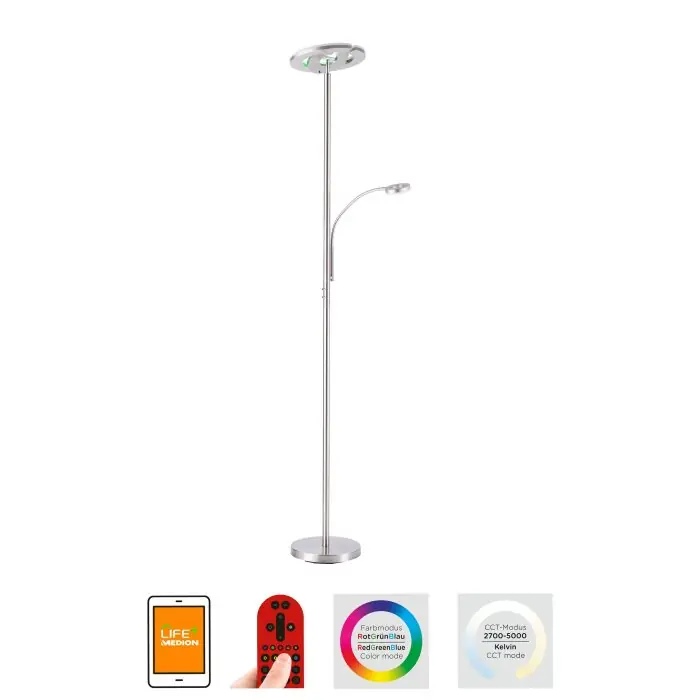 Leuchten-Direkt LOLAsmart-ROCCO Staande lamp LED Staal geborsteld, 1-licht, Afstandsbediening, Kleurwisselaar Hete Deal