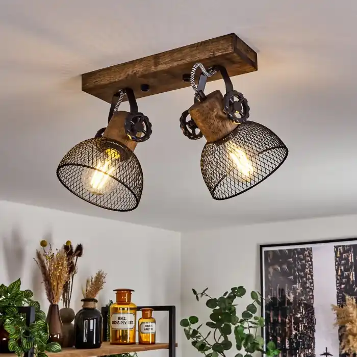 Nu Kopen Orny Plafondlamp Hout donker, Zwart, 2-lichts
