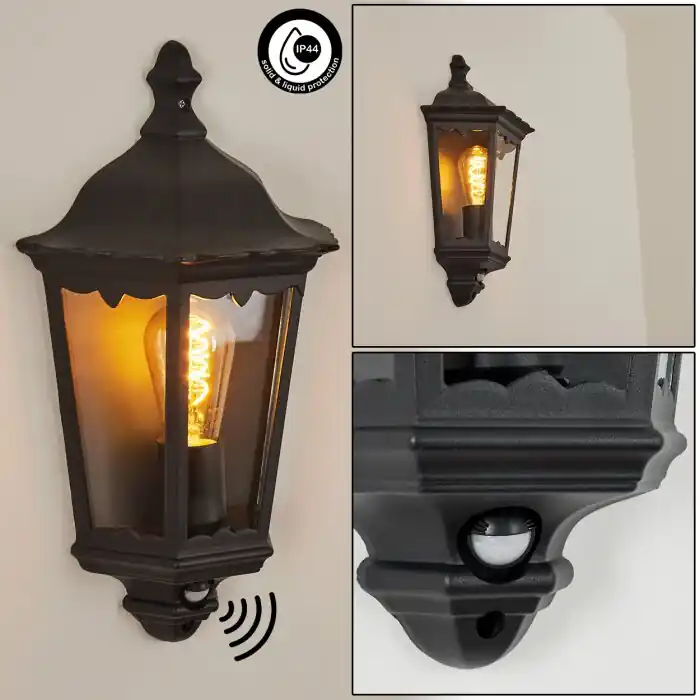 Hongkong Buiten muurverlichting Zwart, 1-licht, Bewegingsmelder Speciale Aanbieding