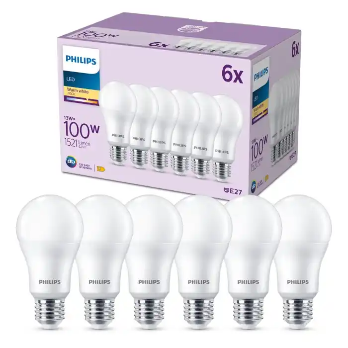 Bestel Nu Philips Klassiek Set van 6 LED E27 13 Watt 2700 Kelvin 1521 Lumen