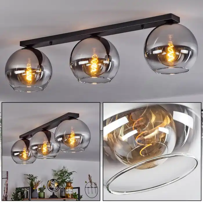 Koyoto Plafondlamp Glas 25 cm Chroom, Duidelijk, Rookkleurig, 3-lichts Hoge Kwaliteit