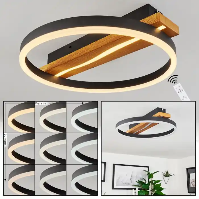 Angtasom Plafondlamp LED Bruin, houtlook, Zwart, 1-licht, Afstandsbediening Dagaanbieding