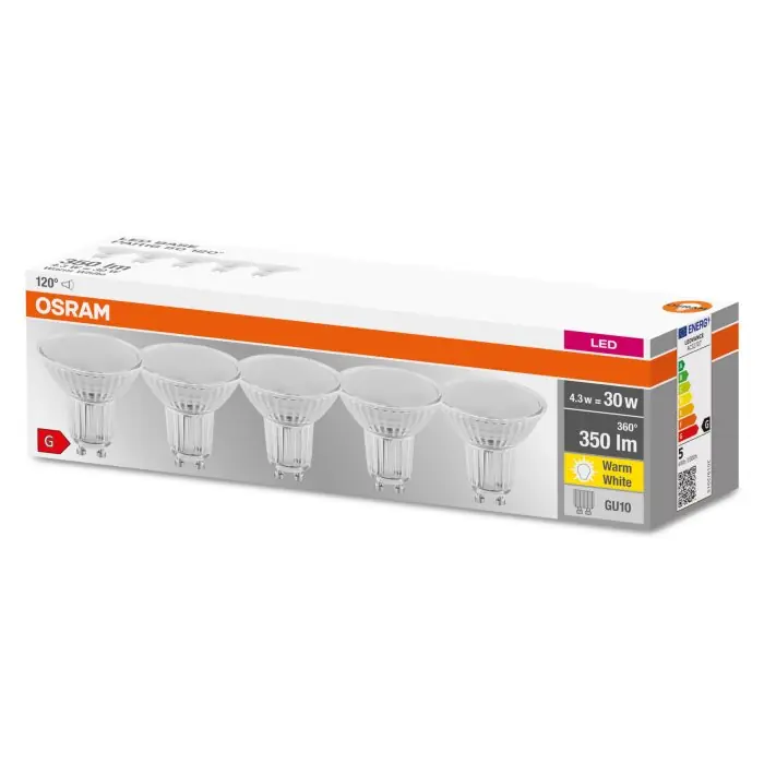 Direct Verzonden OSRAM Set van 5 LED GU10 4,3 Watt 2700 Kelvin 350 Lumen