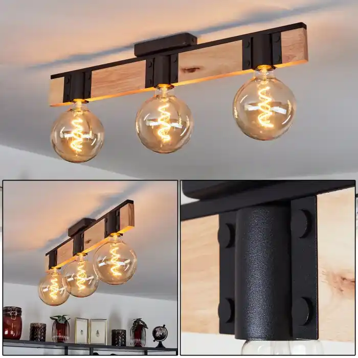 Lemou Plafondlamp Hout licht, Zwart, 3-lichts Gratis Retour