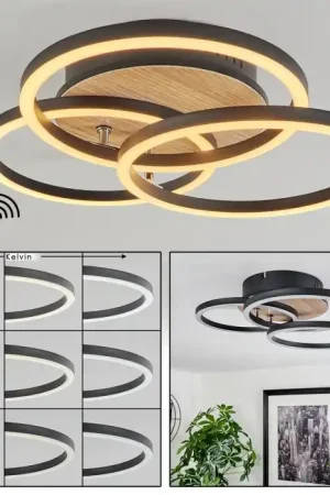 Xena Plafondlamp LED houtlook, Zwart, 1-licht, Afstandsbediening Snelle Levering