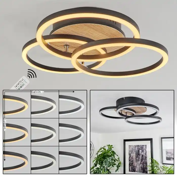 Xena Plafondlamp LED houtlook, Zwart, 1-licht, Afstandsbediening Snelle Levering