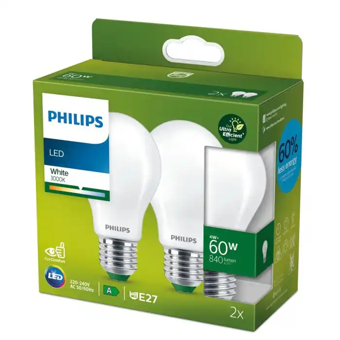 Philips set van 2 E27 LED 4 Watt 3000 Kelvin 840 Lumen Weekendaanbieding