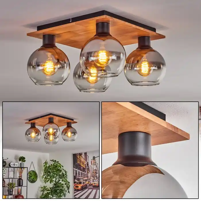Koyoto Plafondlamp - Glas Natuurlijke kleuren, Zwart, 4-lichts Beperkt Aanbod
