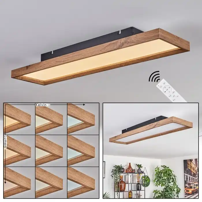 Uitverkoop Longvic Plafondpaneel LED Bruin, houtlook, Zwart, 1-licht, Afstandsbediening