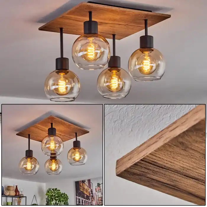 Vouhet Plafondlamp Bruin, houtlook, Zwart, 4-lichts Populair