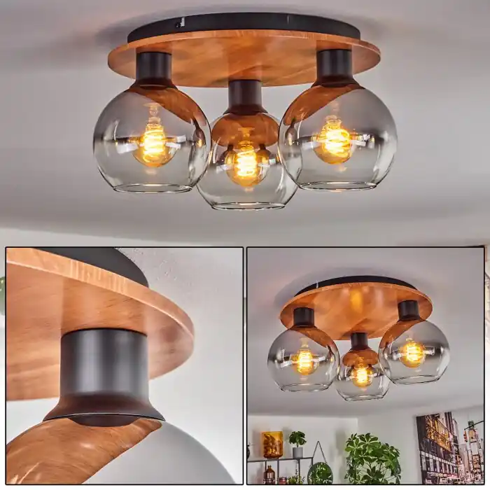 Koyoto Plafondlamp - Glas Natuurlijke kleuren, Zwart, 3-lichts Laatste Versie