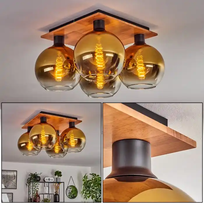 Tijdelijk Beschikbaar Koyoto Plafondlamp - Glas Natuurlijke kleuren, Zwart, 4-lichts