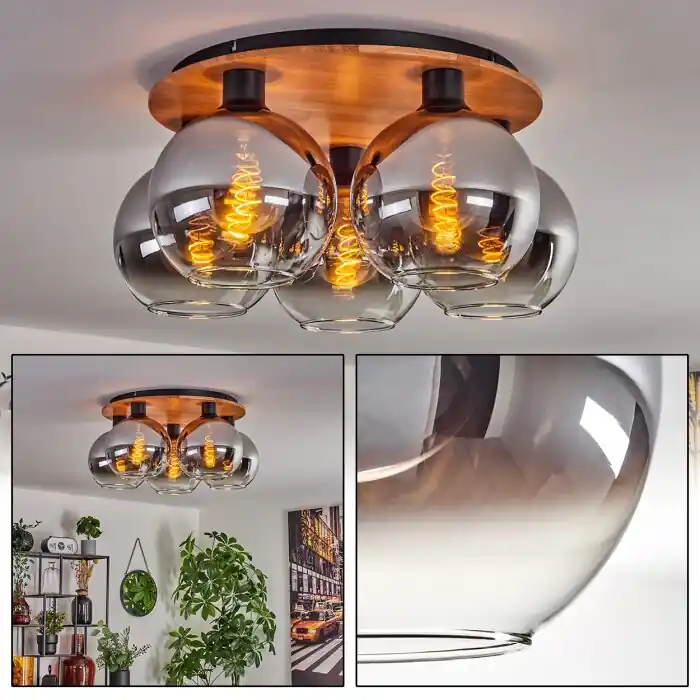Koyoto Plafondlamp - Glas Natuurlijke kleuren, Zwart, 5-lichts Speciale Aanbieding
