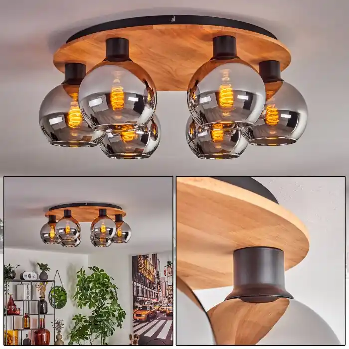 Koyoto Plafondlamp - Glas Natuurlijke kleuren, Zwart, 6-lichts Hoge Kwaliteit