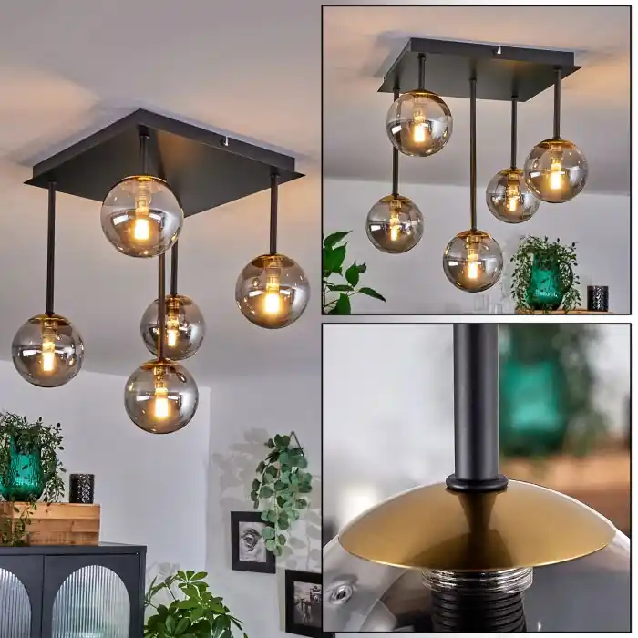 Chehalis Plafondlamp - Glas Goud, Zwart, 5-lichts Favoriet