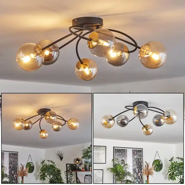 Nu Kopen Chehalis Plafondlamp - Glas Goud, Zwart, 6-lichts