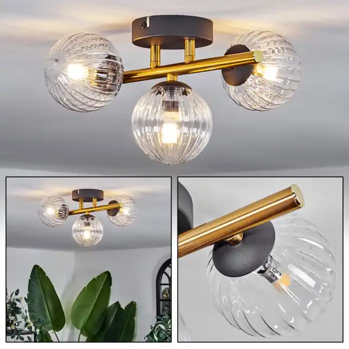 Chehalis Plafondlamp - Glas Goud, Zwart, 3-lichts Fabrieksprijs