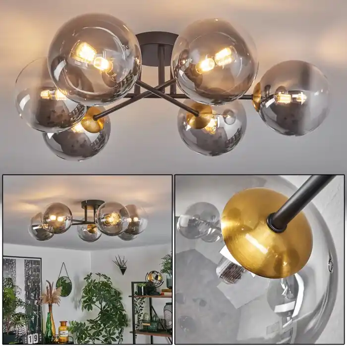 Chehalis Plafondlamp - Glas 15 cm Goud, Zwart, 6-lichts Hoge Kwaliteit