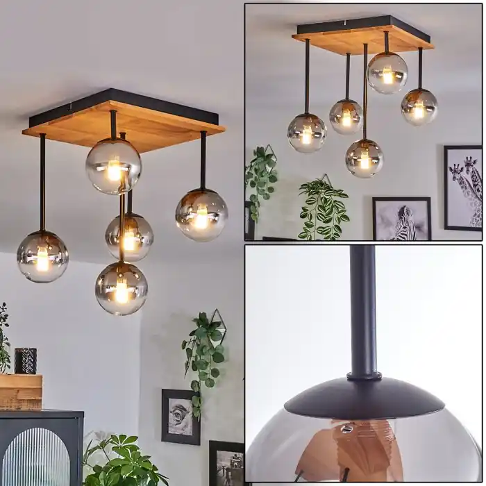 Chehalis Plafondlamp - Glas 10 cm Natuurlijke kleuren, Zwart, 5-lichts Laatste Versie