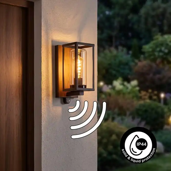 Portalis Wandlamp voor buiten Bruin, houtlook, Zwart, 1-licht, Bewegingsmelder Lage Kosten