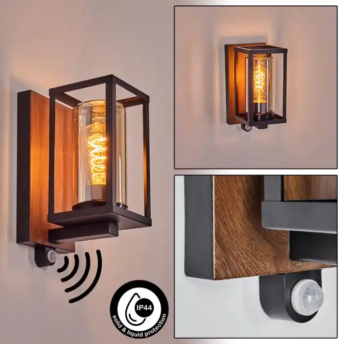 Exclusieve Aanbieding Portalis Wandlamp voor buiten Bruin, houtlook, Zwart, 1-licht, Bewegingsmelder