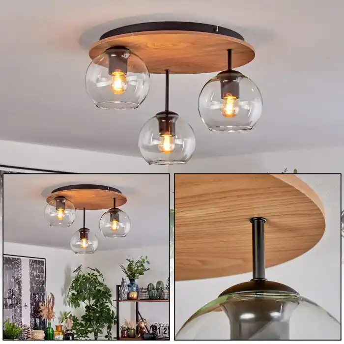 Koyoto Plafondlamp, Kogellampje 40 cm Bruin, houtlook, Zwart, 3-lichts Snelle Levering