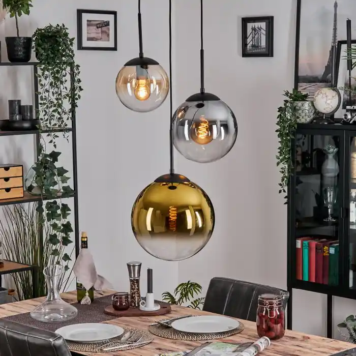 Betaalbaar Gastor Hanglamp, Kogellampje Amber, Goud, Duidelijk, Rookkleurig, 3-lichts