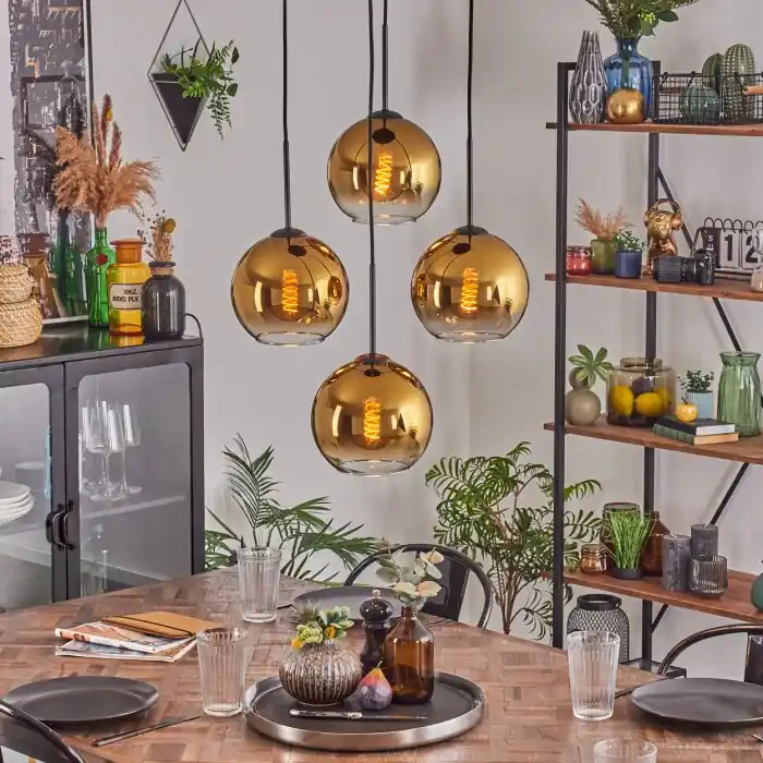 Koyoto Hanglamp, Kogellampje Goud, Duidelijk, 4-lichts Korting