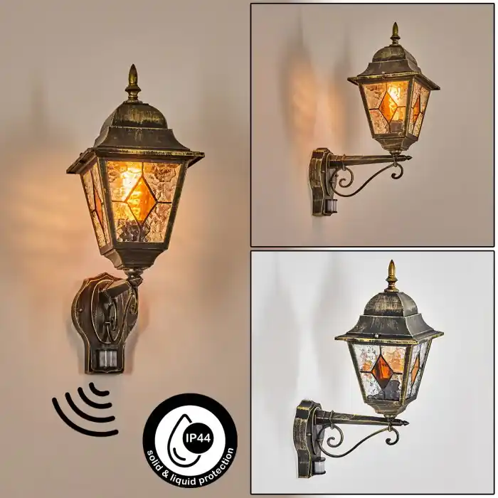 Hoge Kwaliteit Chatelain Buitenlicht, Wandlamp voor buiten Goud, Zwart, 1-licht, Bewegingsmelder