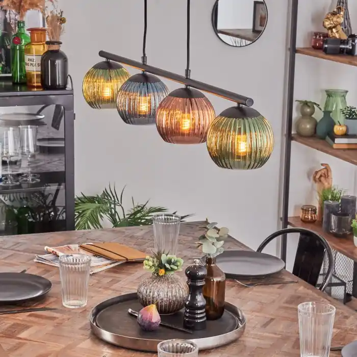 Koyoto Hanglamp, Kogellampje, Hanglamp Blauw, Groen, Koperkleurig, 4-lichts Laatste Kans