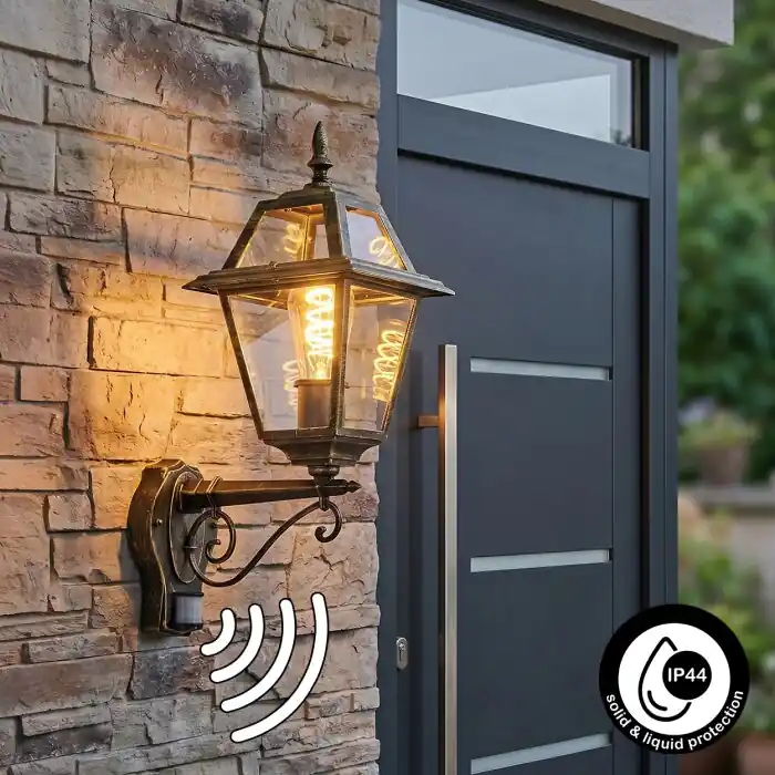Fornelos Buitenlicht, Wandlamp voor buiten, Wandlamp Goud, Zwart, 1-licht, Bewegingsmelder Lage Kosten