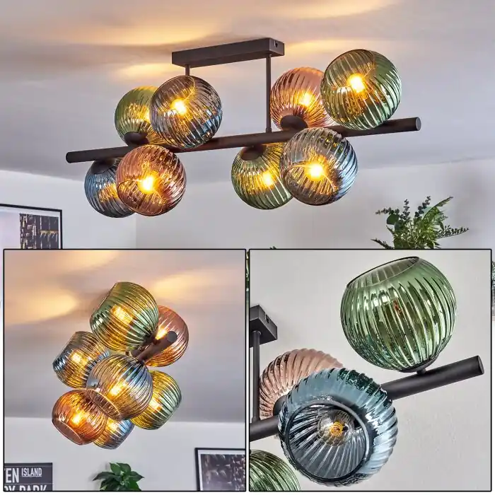 Koyoto Plafondlamp, Kogellampje Blauw, Groen, Koperkleurig, 8-lichts Snelle Levering