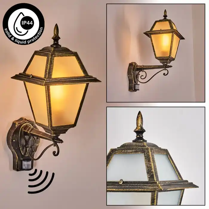 Betaalbaar Fornelos Buitenlicht, Wandlamp voor buiten, Wandlamp Goud, Zwart, 1-licht, Bewegingsmelder