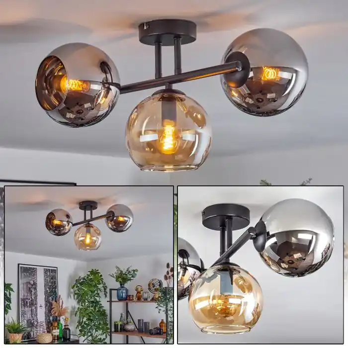 Koyoto Plafondlamp, Kogellampje Amber, Chroom, Rookkleurig, 3-lichts Direct Verzonden