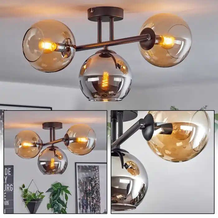 Koyoto Plafondlamp, Kogellampje Amber, Chroom, Rookkleurig, 3-lichts Koop Online
