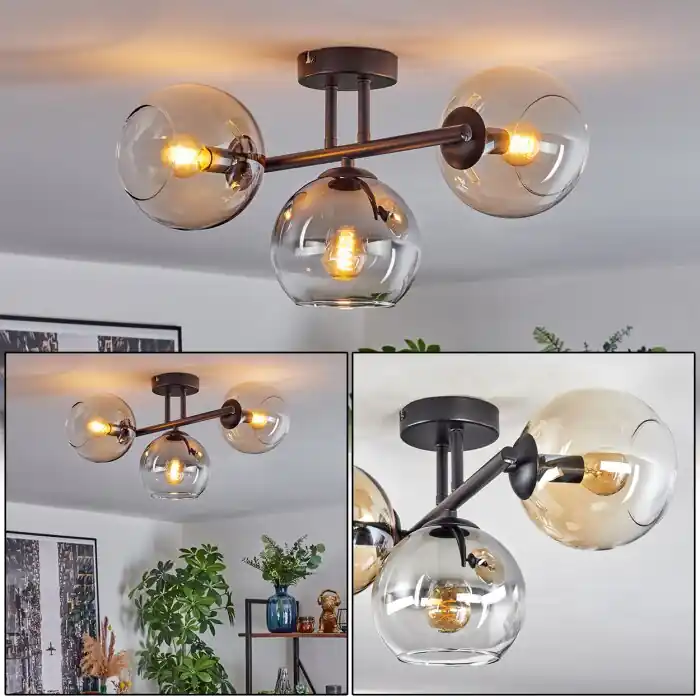Koyoto Plafondlamp, Kogellampje Amber, Duidelijk, Rookkleurig, 3-lichts Hoge Kwaliteit