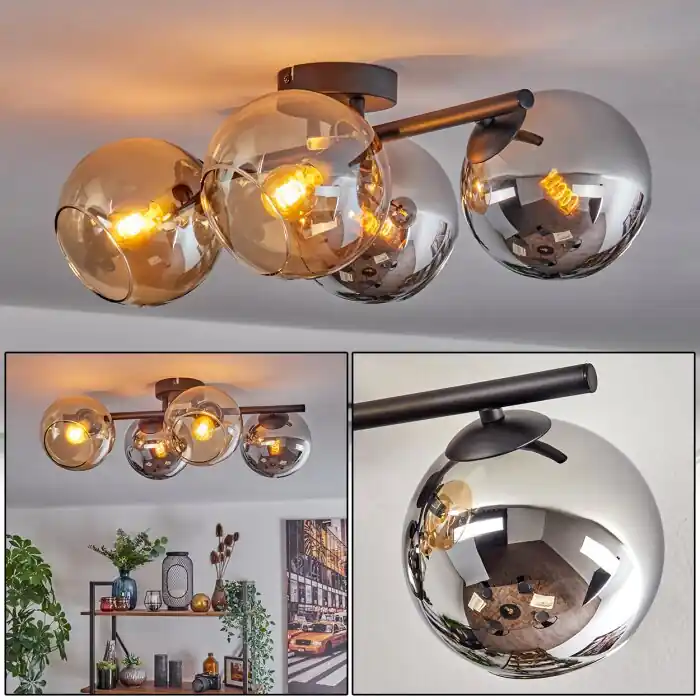 Koyoto Plafondlamp, Kogellampje Amber, Chroom, Rookkleurig, 4-lichts Nieuw