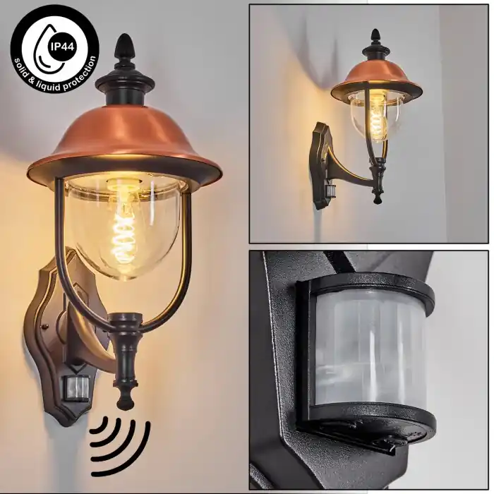 Aanbieding Gascon Wandlamp voor buiten, Wandlamp Koperkleurig, Zwart, 1-licht, Bewegingsmelder