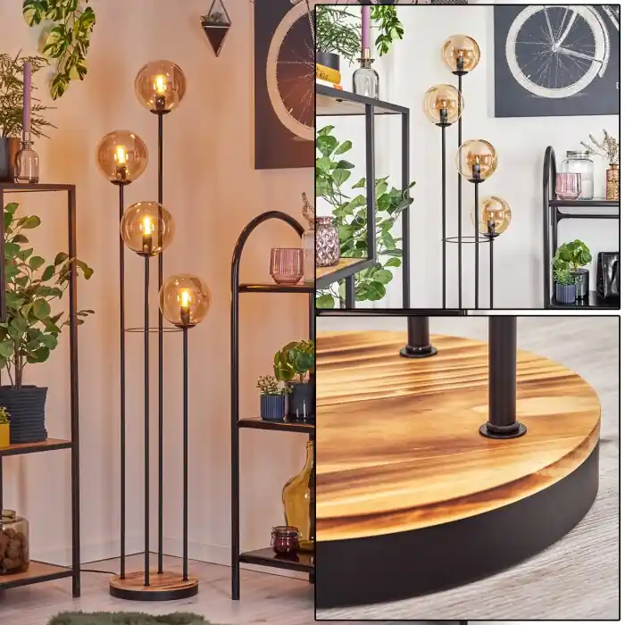 Gastor Staande lamp 30 cm Hout licht, Zwart, 4-lichts Nieuw