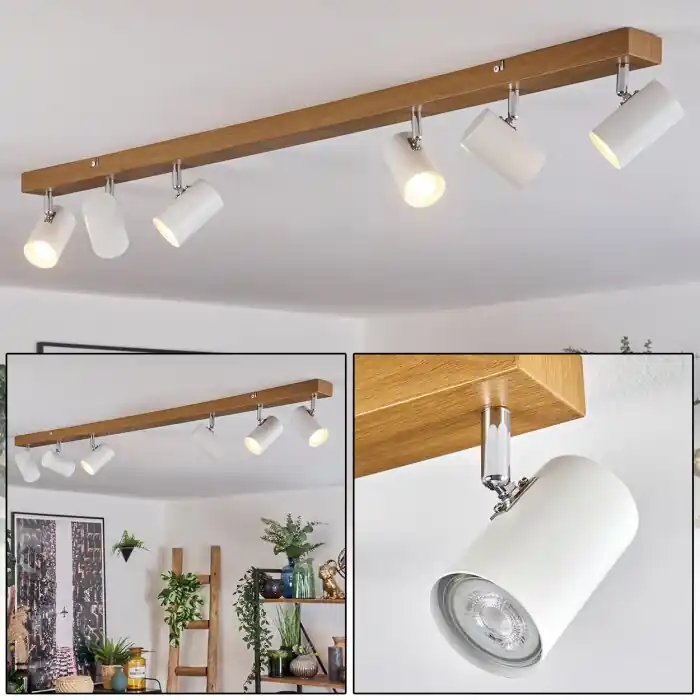 Flitsaanbieding Gesteira Plafondlamp, Plafondspot Chroom, houtlook, 6-lichts