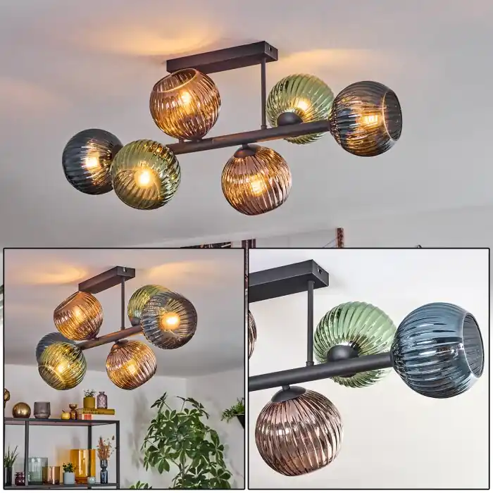 Koyoto Plafondlamp, Kogellampje Blauw, Groen, Koperkleurig, 6-lichts Voordeelprijs