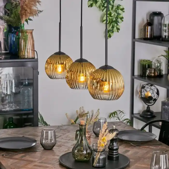 Koyoto Hanglamp, Kogellampje, Hanglamp Goud, Duidelijk, 3-lichts Op = Op