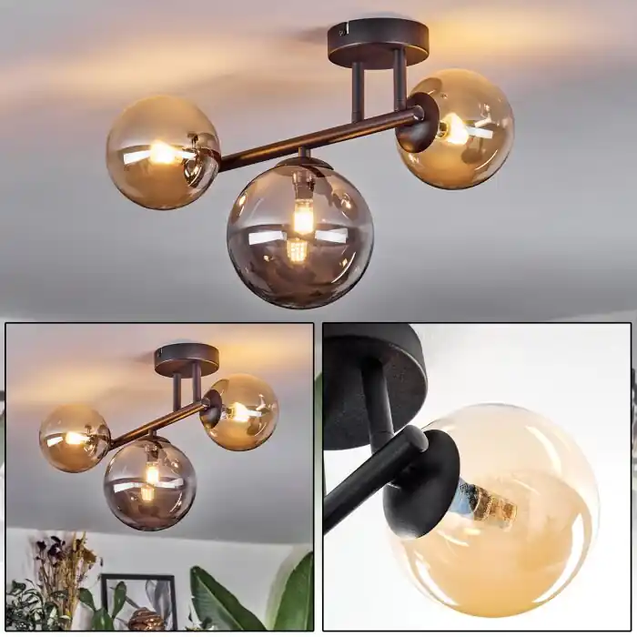 Actieprijs Chehalis Plafondlamp, Kogellampje Amber, Rookkleurig, 3-lichts