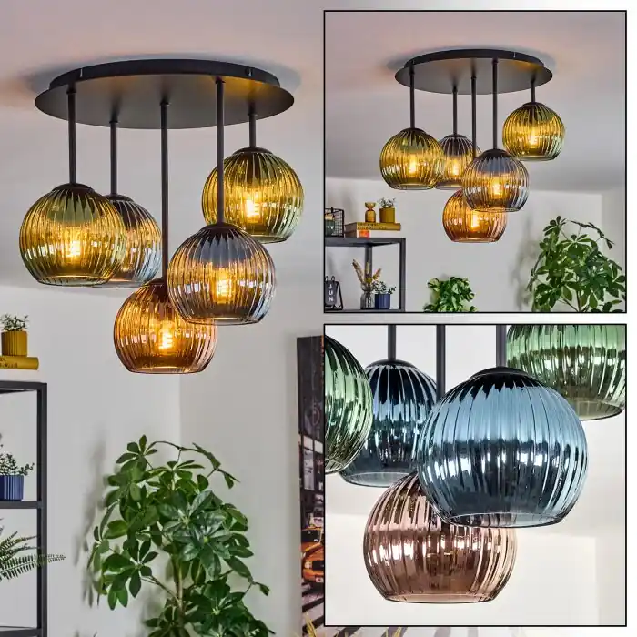 Goedkoop Koyoto Plafondlamp, Kogellampje 45 cm Blauw, Groen, Koperkleurig, 5-lichts