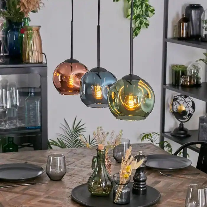Alleen Vandaag Ripoll Hanglamp, Kogellampje, Hanglamp Blauw, Groen, Koperkleurig, 3-lichts