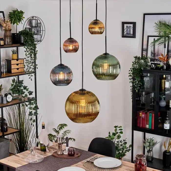 Koyoto Hanglamp, Kogellampje, Cluster hanglamp Blauw, Goud, Groen, Koperkleurig, 5-lichts Op = Op
